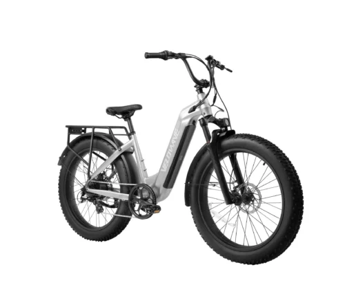 Silver step-through electric fat-tire e-bike