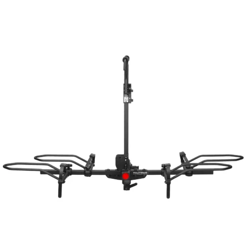 Hitch-mounted two-bike rack with wheel trays