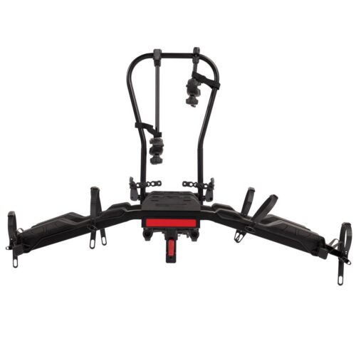 Hitch-mounted platform bike rack for three bikes