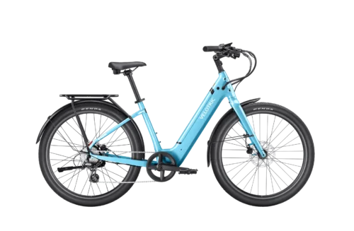 Light blue step-through electric commuter bike
