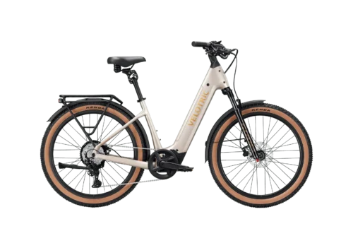 Beige step-through electric bike with tan tires