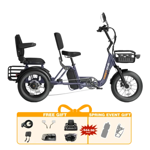 Blue electric tricycle with dual passenger seats