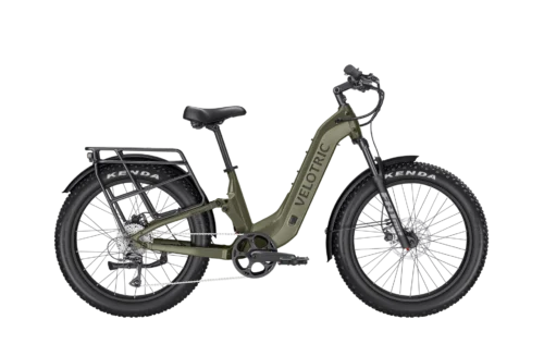 Olive green step-through electric bike with rack