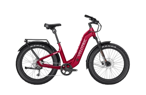 Red electric step-through bike with fat tires