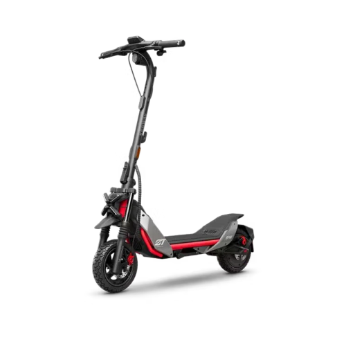 Black and red electric scooter on black background