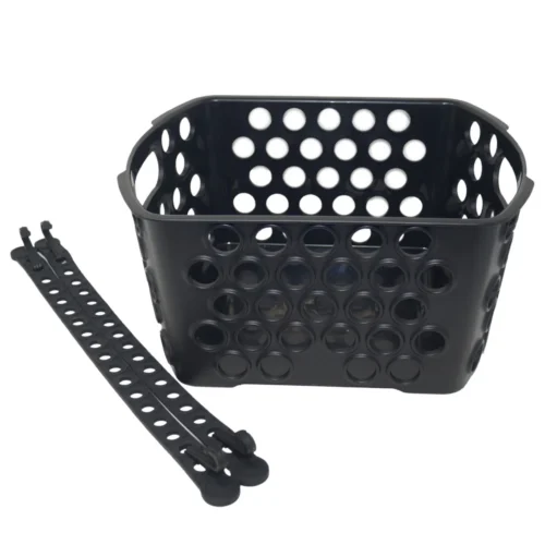 Black perforated plastic bike basket with straps