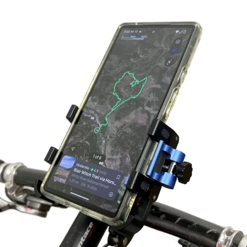 Smartphone displaying GPS trail on bike handlebar
