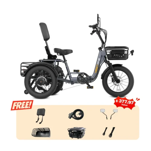 Electric three-wheeled adult mobility tricycle with basket