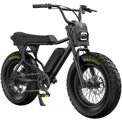 Black electric fat-tire e-bike with headlight